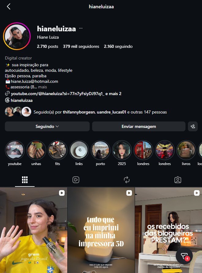 Perfil da Hiane no Instagram